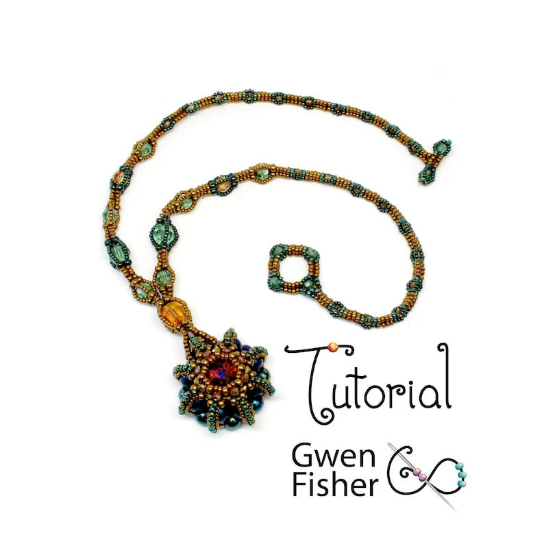 May include: A beaded necklace with a green and gold color scheme. The necklace features a pendant with a flower design and a red gemstone in the center. The pendant is surrounded by smaller beads in shades of green, gold, and blue. The necklace is on a white background with the text "Tutorial" and "Gwen Fisher" written below it.