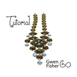 May include: A beaded necklace with a teardrop design, featuring gold, blue, and turquoise beads. The necklace is made with a variety of beads, including seed beads, bugle beads, and larger round beads. The necklace is a statement piece and would be a great addition to any jewelry collection.