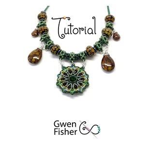 May include: A green and brown beaded necklace with a large, round, beaded pendant. The pendant has a green center and is surrounded by smaller beads in shades of green, brown, and gold. The necklace is made with a variety of beads, including faceted, round, and seed beads. The necklace is accented with two brown teardrop-shaped stones. The text "Tutorial" is written in a decorative font above the necklace.