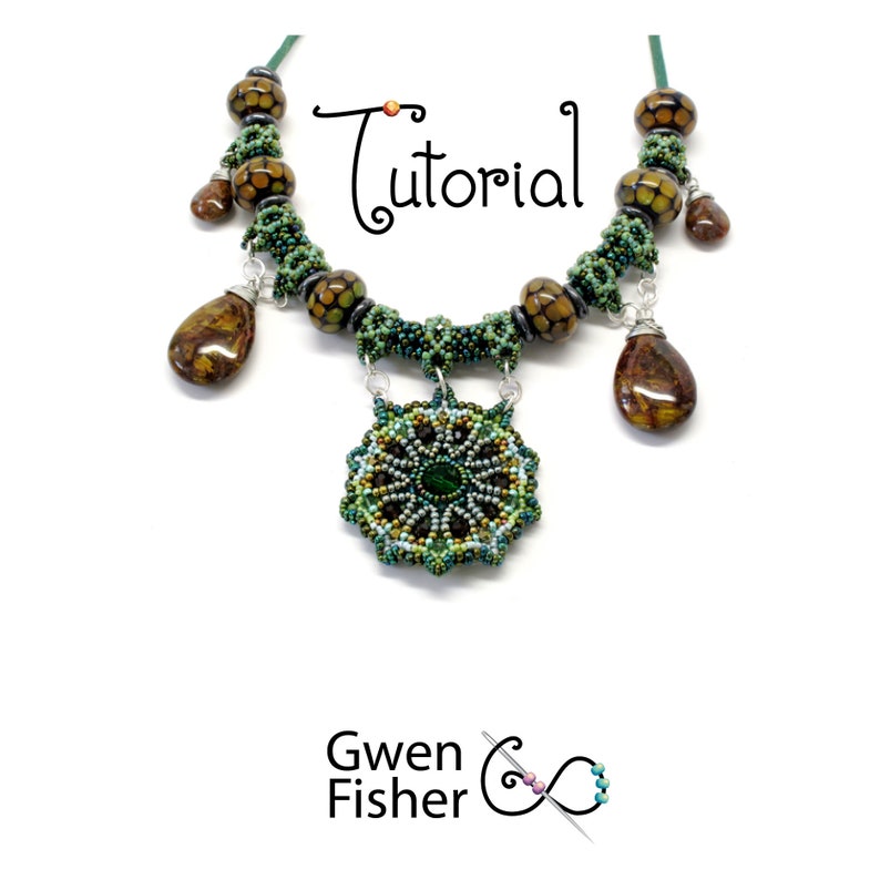 May include: A green and brown beaded necklace with a large, round, beaded pendant. The pendant has a green center and is surrounded by smaller beads in shades of green, brown, and gold. The necklace is made with a variety of beads, including faceted, round, and seed beads. The necklace is accented with two brown teardrop-shaped stones. The text "Tutorial" is written in a decorative font above the necklace.