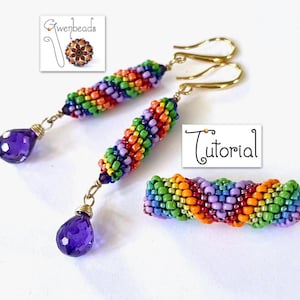 May include: Two dangle earrings featuring cylindrical beads in a rainbow color pattern, finished with gold-tone hooks and faceted purple teardrop pendants. A separate matching bead cylinder is included. Text reads Gwenbeads and Tutorial.