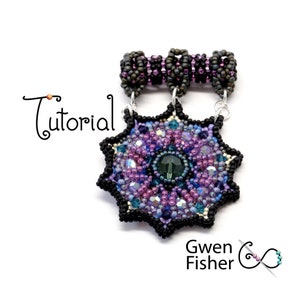 May include: A beaded pendant with a purple, blue, and black mandala design. The pendant is attached to a black beaded chain with silver jump rings. The text "Tutorial" is in the upper left corner of the image. The text "Gwen Fisher" is in the lower right corner of the image.