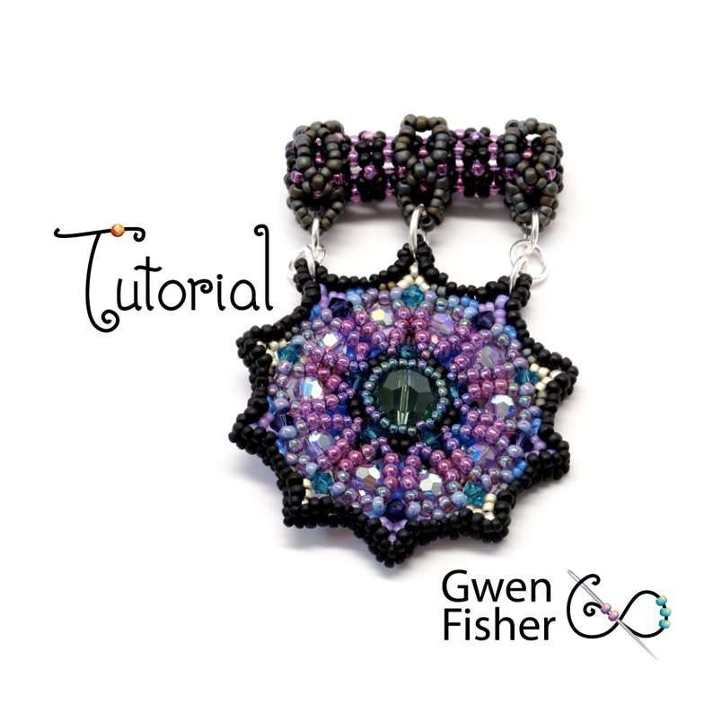 May include: A beaded pendant with a purple, blue, and black mandala design. The pendant is attached to a black beaded chain with silver jump rings. The text "Tutorial" is in the upper left corner of the image. The text "Gwen Fisher" is in the lower right corner of the image.