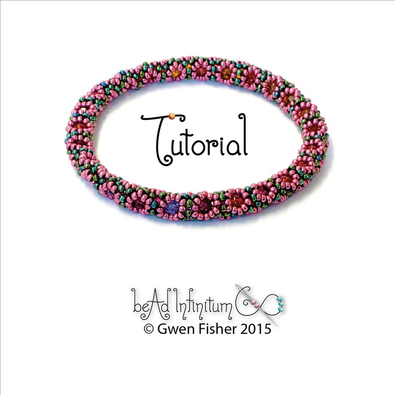 May include: A pink and green beaded bracelet with a floral design. The bracelet is made with small seed beads and features a variety of colors, including pink, green, purple, and gold. The bracelet is labeled "Tutorial" and "bead infinitum".