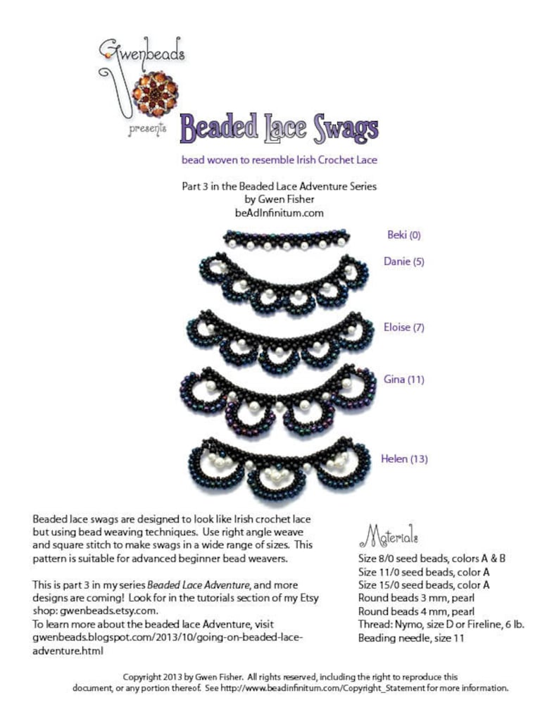 May include: Beaded lace swags, a craft project, with instructions for making different sizes. The swags are made with black and white beads and resemble Irish crochet lace. The project is part of the Beaded Lace Adventure series.