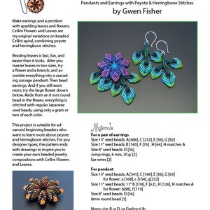 May include: A beaded jewelry pattern for Cellini Flowers and Leaves earrings and a pendant. The pattern includes instructions for creating a flower, leaves, and a branch. The pattern is suitable for advanced beginning beaders who want to learn more about peyote and herringbone stitches.