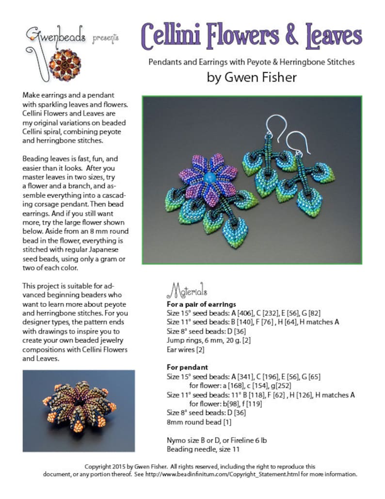 May include: A beaded jewelry pattern for Cellini Flowers and Leaves earrings and a pendant. The pattern includes instructions for creating a flower, leaves, and a branch. The pattern is suitable for advanced beginning beaders who want to learn more about peyote and herringbone stitches.