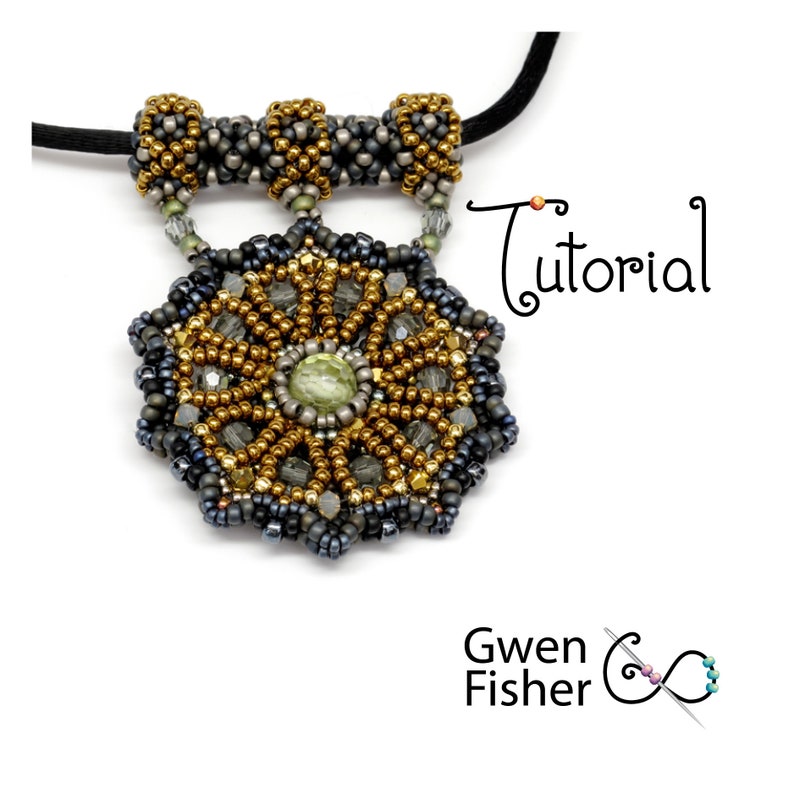 May include: A beaded necklace with a large, intricate, gold and gray pendant featuring a green stone in the center. The pendant is a geometric design with a starburst shape. The necklace is made with black cord and has a beaded clasp. The image includes the text "Tutorial".