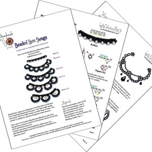 May include: A beaded lace swag pattern with instructions for making a beaded lace swag. The pattern includes a list of materials and instructions for making the swag. The pattern is part of a series called "Beaded Lace Adventures".