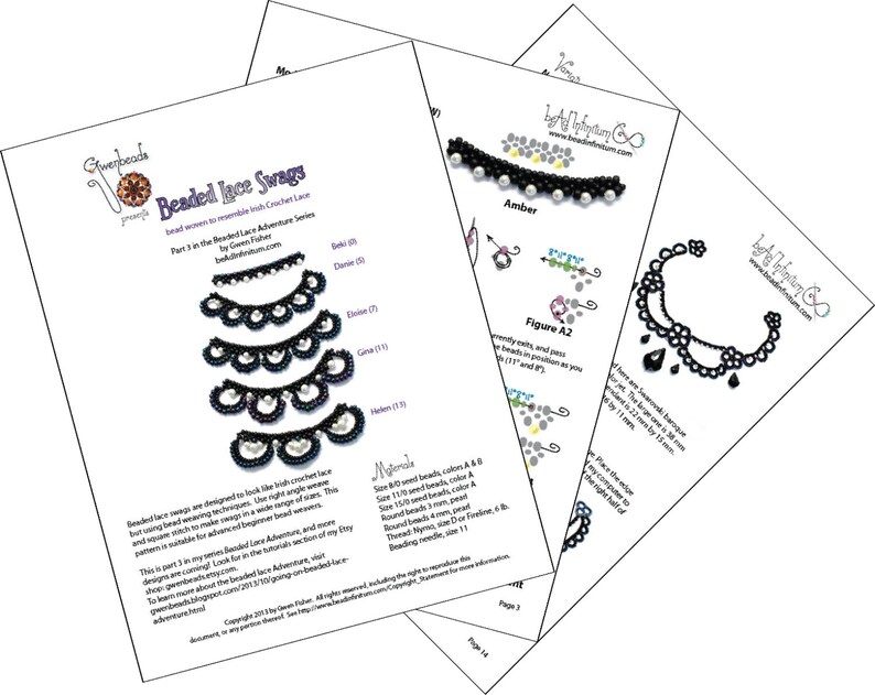 May include: A beaded lace swag pattern with instructions for making a beaded lace swag. The pattern includes a list of materials and instructions for making the swag. The pattern is part of a series called "Beaded Lace Adventures".