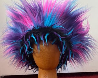 Faux Fur Hat Purple Pink Blue with Brim Reversable Fully Lined with Soft Minky Long Pile