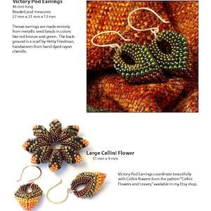May include: A pair of green and bronze beaded earrings in the shape of a pod, measuring 2.7 inches by 2.1 inches by 1.2 inches. The earrings are displayed on a red and orange fabric background. The text "Victory Pod Earrings" is visible in the image.