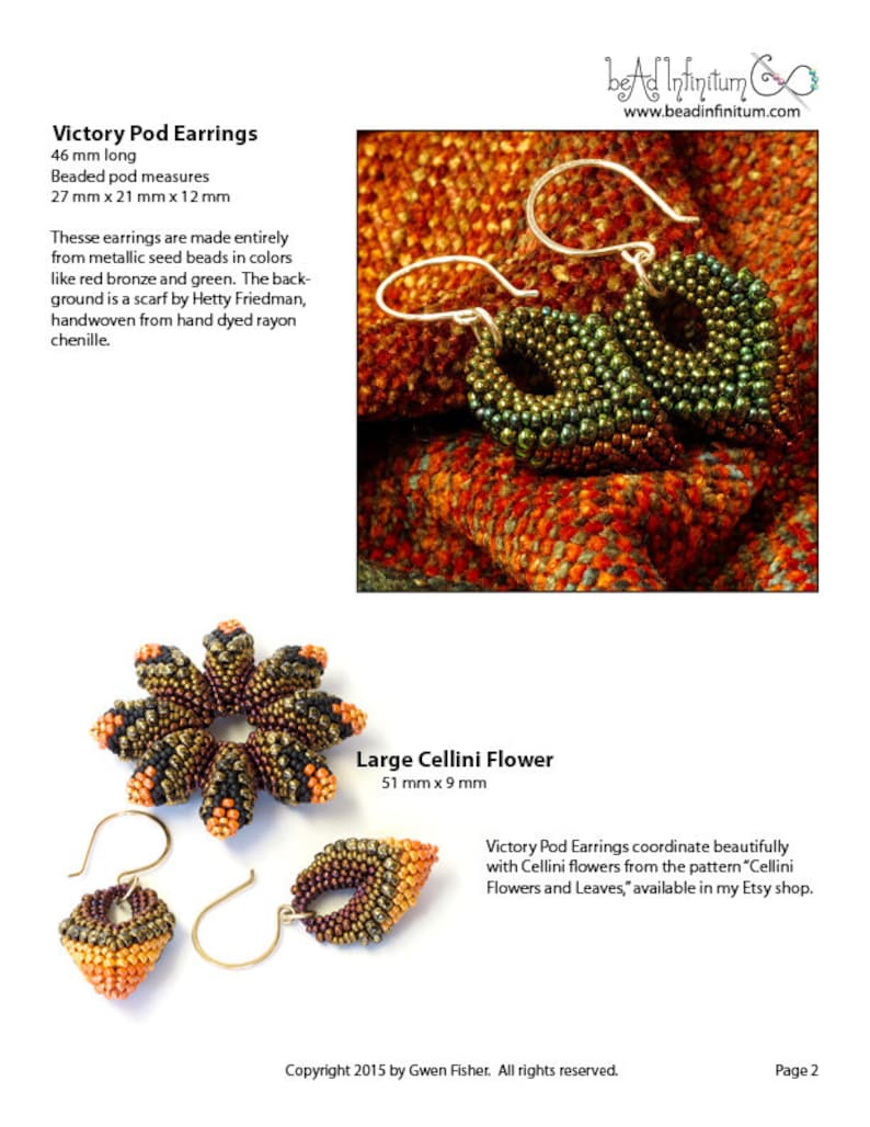 May include: A pair of green and bronze beaded earrings in the shape of a pod, measuring 2.7 inches by 2.1 inches by 1.2 inches. The earrings are displayed on a red and orange fabric background. The text "Victory Pod Earrings" is visible in the image.