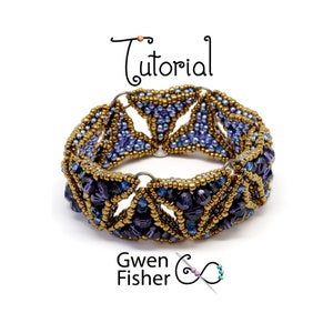 May include: A beaded bracelet with a geometric design featuring gold and purple beads. The bracelet is made with a variety of beads, including seed beads, bugle beads, and crystal beads. The bracelet is a beautiful example of intricate beadwork.