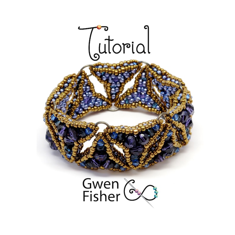 May include: A beaded bracelet with a geometric design featuring gold and purple beads. The bracelet is made with a variety of beads, including seed beads, bugle beads, and crystal beads. The bracelet is a beautiful example of intricate beadwork.