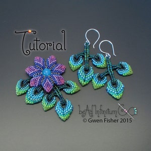 May include: A pair of beaded earrings with a flower design. The earrings are made with blue, green, and purple beads. The earrings are hanging from silver hooks. The earrings are labelled "bead infinitum" and "Gwen Fisher 2015".
