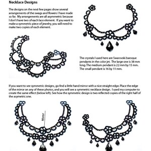 May include: A black lace necklace design with two rows of delicate floral patterns and dangling crystal pendants. The image shows a symmetrical and asymmetrical version of the design, with instructions on how to create a symmetrical design using a mirror.