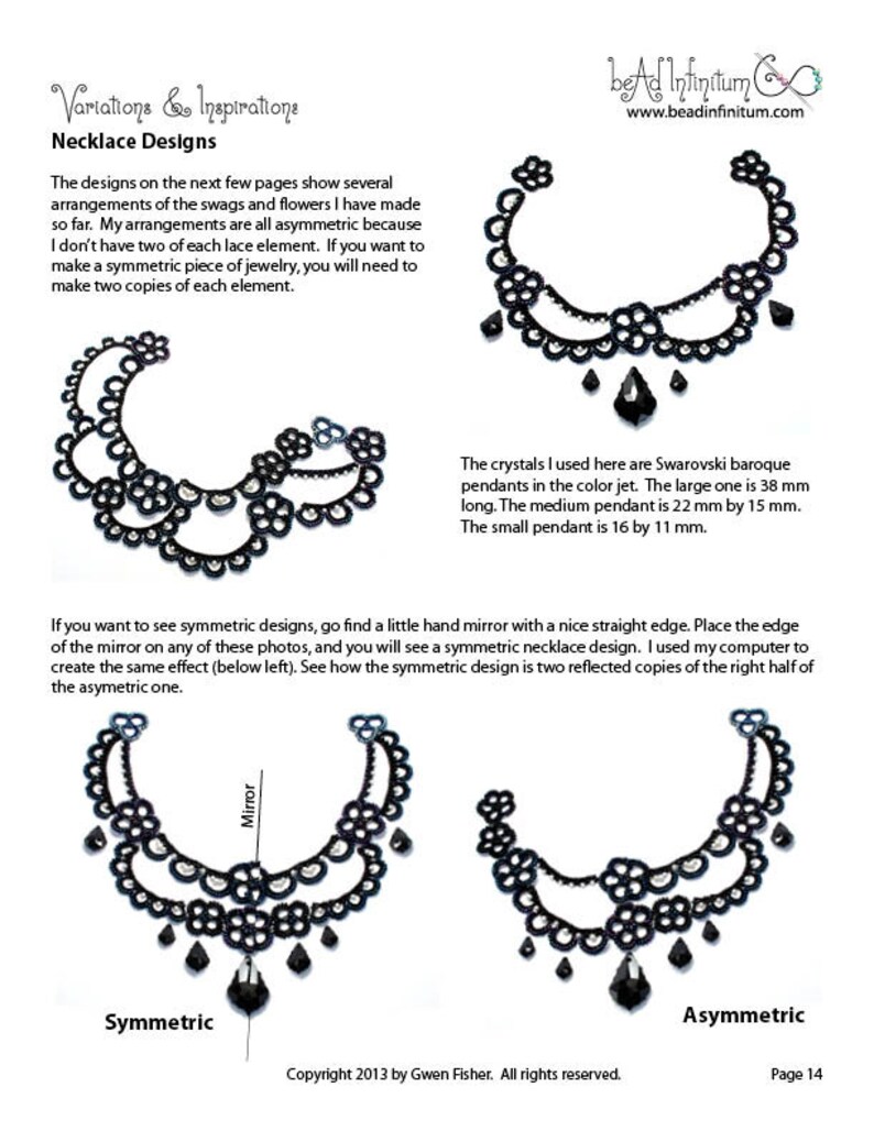 May include: A black lace necklace design with two rows of delicate floral patterns and dangling crystal pendants. The image shows a symmetrical and asymmetrical version of the design, with instructions on how to create a symmetrical design using a mirror.