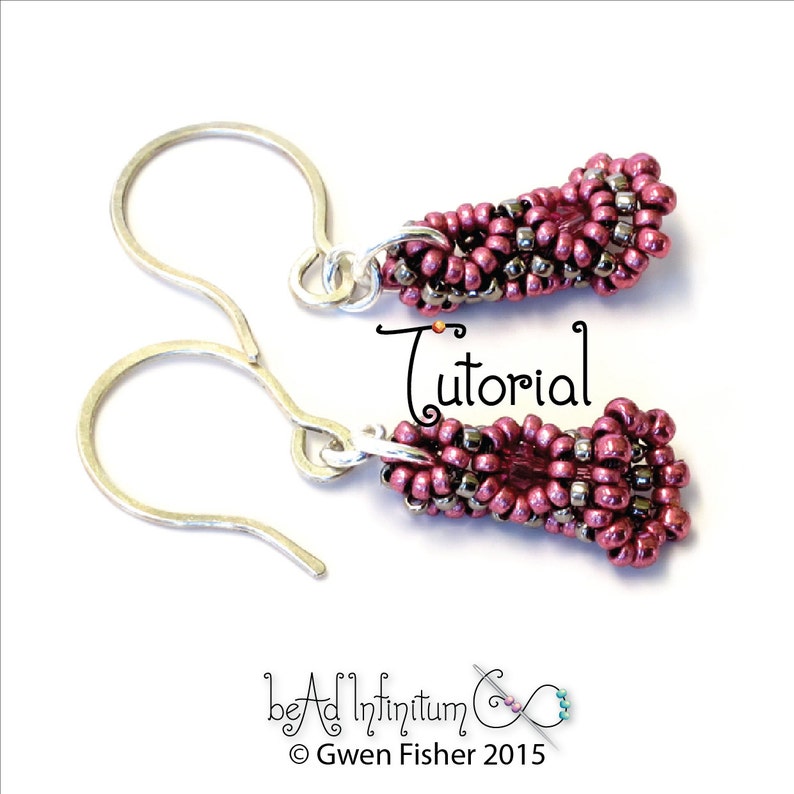 May include: A pair of silver earrings with a pink and silver beaded dangle. The beads are arranged in a geometric pattern. The earrings are labeled "Tutorial".
