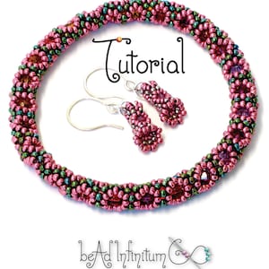May include: A tutorial for making a beaded bracelet and earrings. The bracelet is made with pink and green beads and the earrings are made with pink beads. The text "Tutorial" is written in a decorative font.
