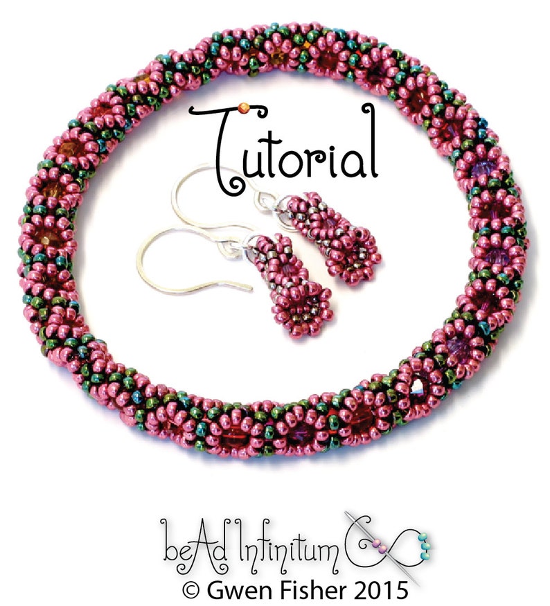 May include: A tutorial for making a beaded bracelet and earrings. The bracelet is made with pink and green beads and the earrings are made with pink beads. The text "Tutorial" is written in a decorative font.