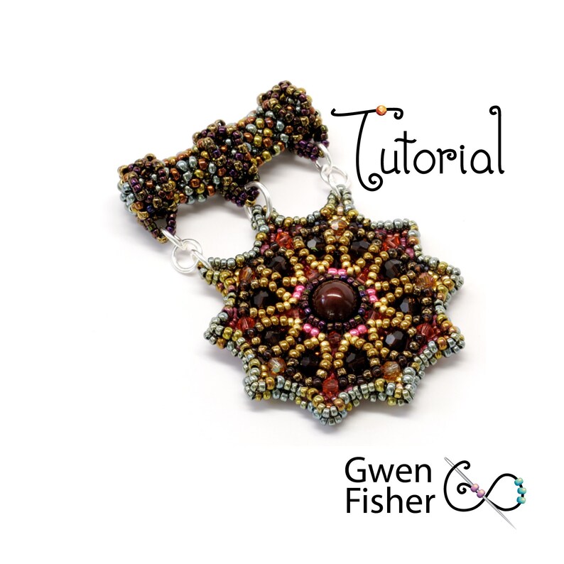 May include: A beaded pendant with a starburst design in shades of brown, gold, and red. The pendant features a red gemstone in the center and is attached to a silver chain.