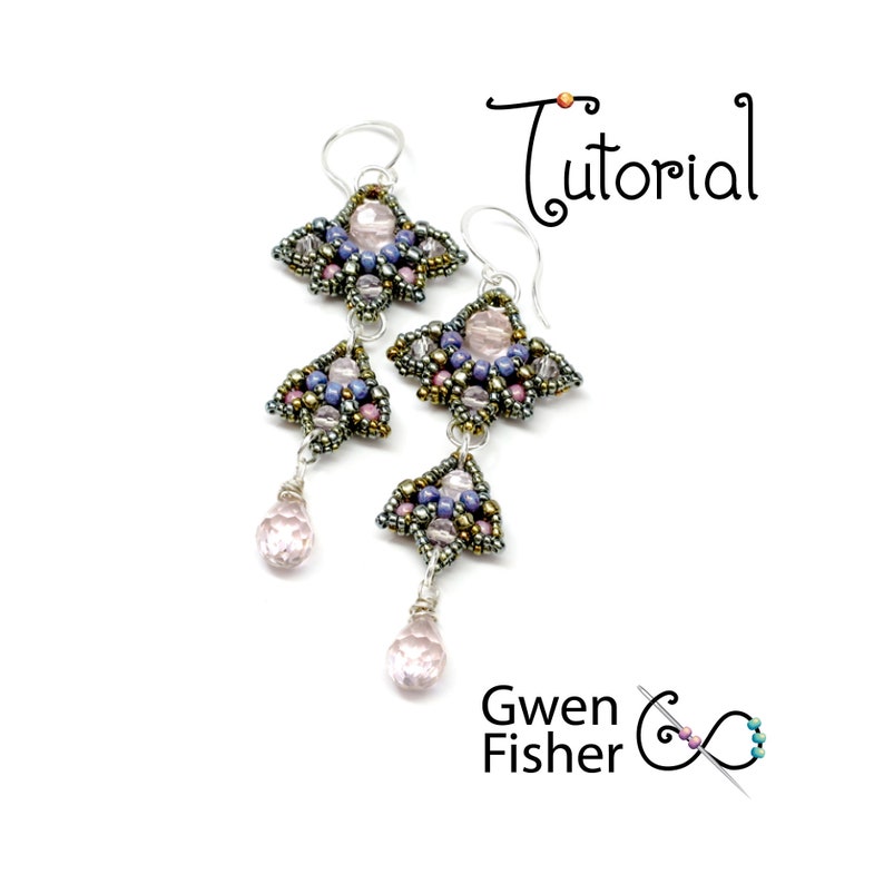 May include: A pair of silver earrings with a pink, purple, and gold beaded design. The earrings feature a teardrop-shaped crystal pendant.