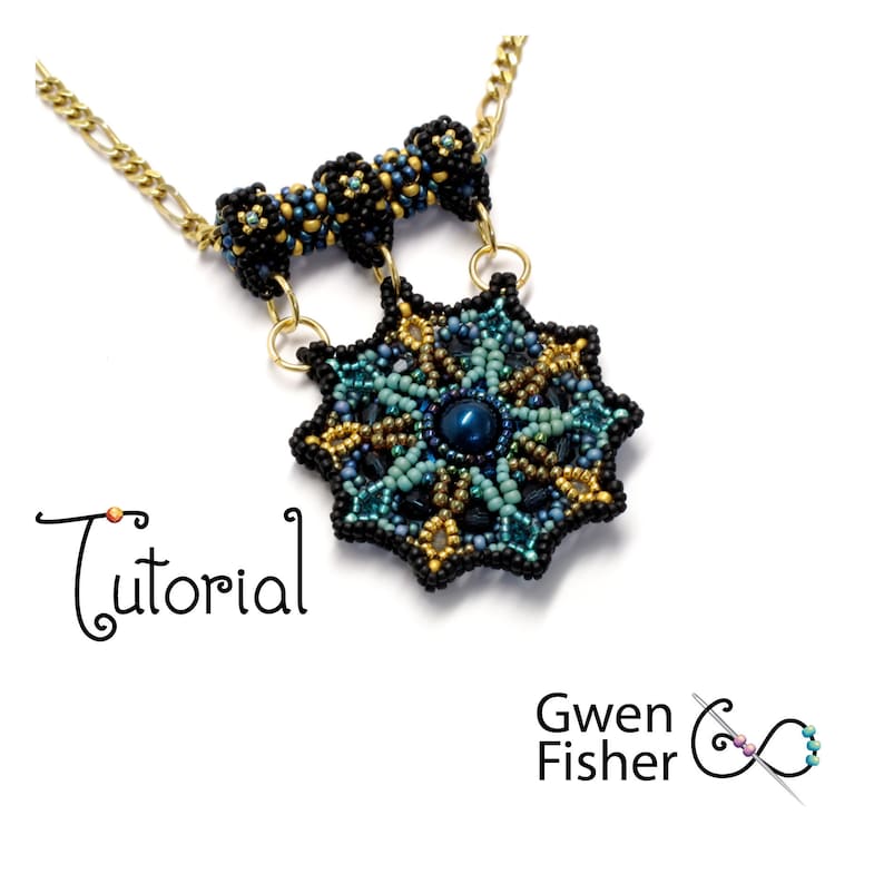 May include: A beaded necklace with a large, intricate pendant featuring a starburst design in shades of blue, green, gold, and black. The pendant is attached to a gold chain.