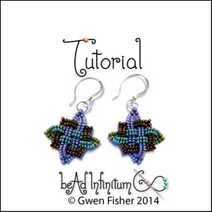 May include: A pair of blue, green, and brown beaded earrings with silver hooks. The earrings are in the shape of a knot and are labeled "bead infinitum".