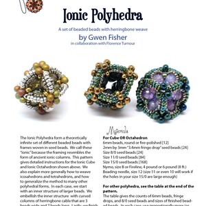 May include: A set of beaded beads with herringbone weave, forming geometric shapes like cubes and octahedrons. The beads are in shades of green, purple, and gold. The image includes instructions for making these beads, called "Ionic Polyhedra", and a table with bead counts and sizes.