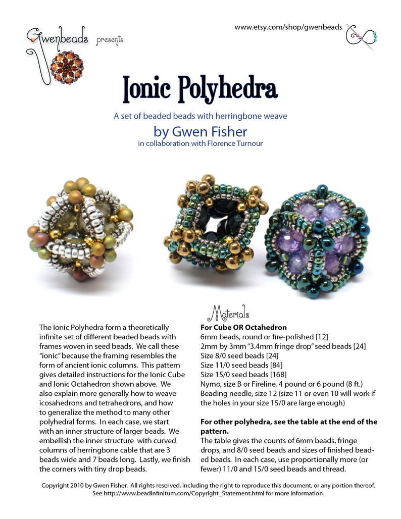 May include: A set of beaded beads with herringbone weave, forming geometric shapes like cubes and octahedrons. The beads are in shades of green, purple, and gold. The image includes instructions for making these beads, called "Ionic Polyhedra", and a table with bead counts and sizes.