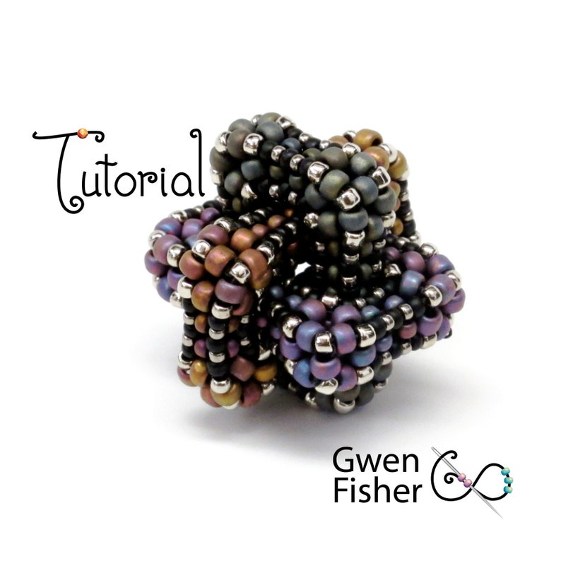 May include: A beaded, three-dimensional star-shaped object. The beads are in shades of purple, brown, and gray, with silver accents. The word "Tutorial" is written in a whimsical font. The designer's name, Gwen Fisher, is also displayed.