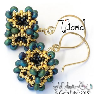 May include: Gold and green beaded earrings with a cube shape. The earrings are attached to gold hooks. The text "Tutorial" is written in the upper right corner of the image. The text "bead infinitum" and "Gwen Fisher 2015" is written in the lower right corner of the image.