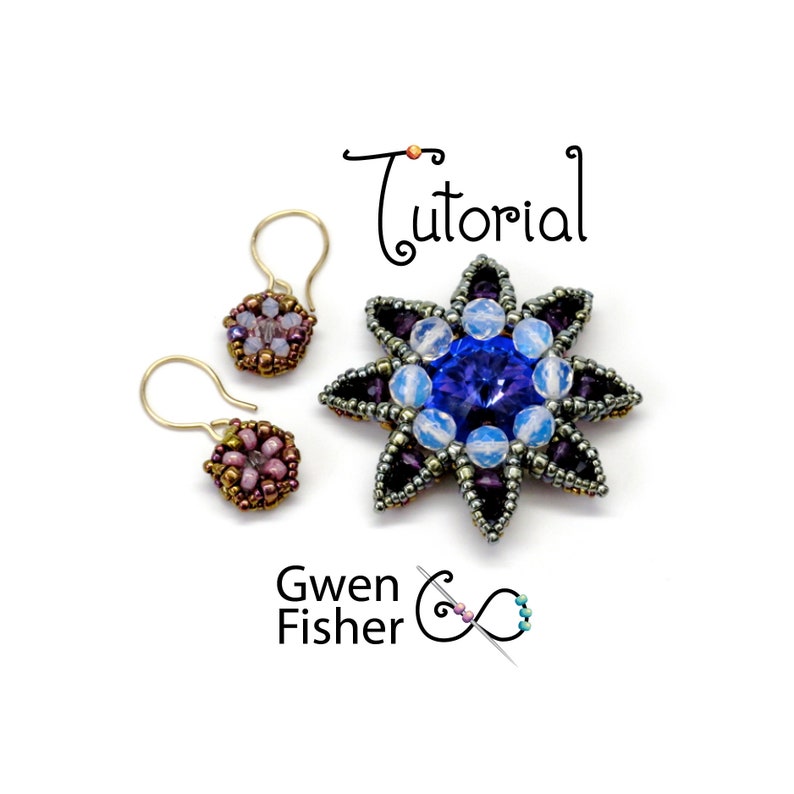May include: A beaded starburst brooch with a large blue crystal in the center, surrounded by smaller white crystals and purple beads. Two matching earrings with smaller purple and white beaded flowers are also shown. The image includes the text "Tutorial" and "Gwen Fisher".