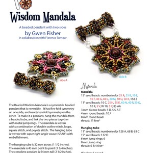 May include: A beaded Wisdom Mandala pendant with two sides, one side is pink and gold, the other side is brown and gold. The pendant is 64 mm tall (2 1/2 inches).