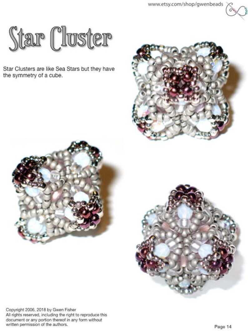 Peut inclure: L'image pr&eacute;sente trois grappes d'&eacute;toiles perl&eacute;es, chacune avec une sym&eacute;trie cubique. Les grappes sont faites de perles argent&eacute;es, blanches et bordeaux. Le texte "Star Cluster" est en haut, avec l'URL de la boutique Etsy. Le texte dit que les grappes d'&eacute;toiles sont comme des &eacute;toiles de mer.