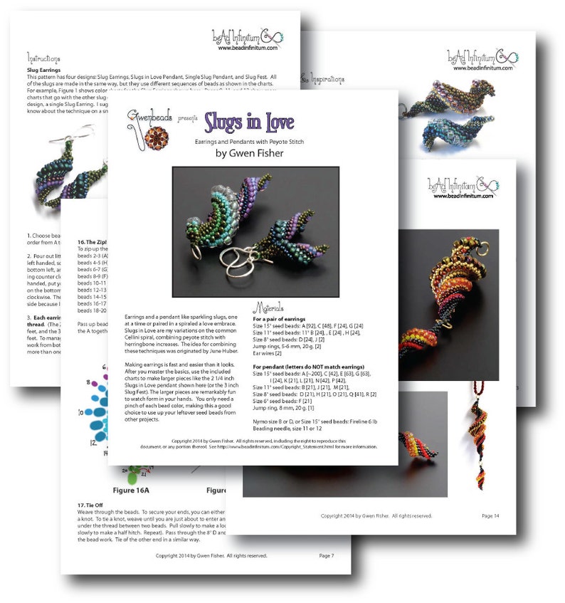 May include: A colorful beading pattern for earrings and pendants called "Slugs in Love" by Gwen Fisher. The pattern uses peyote stitch and herringbone increases. The instructions include a materials list and a step-by-step guide.