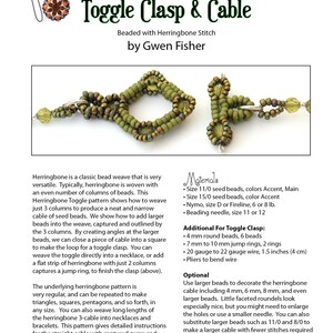 May include: A close-up of a green beaded toggle clasp and cable, made with herringbone stitch. The instructions include materials needed, such as seed beads, beading needle, and wire. The text also mentions the use of larger beads for decoration.