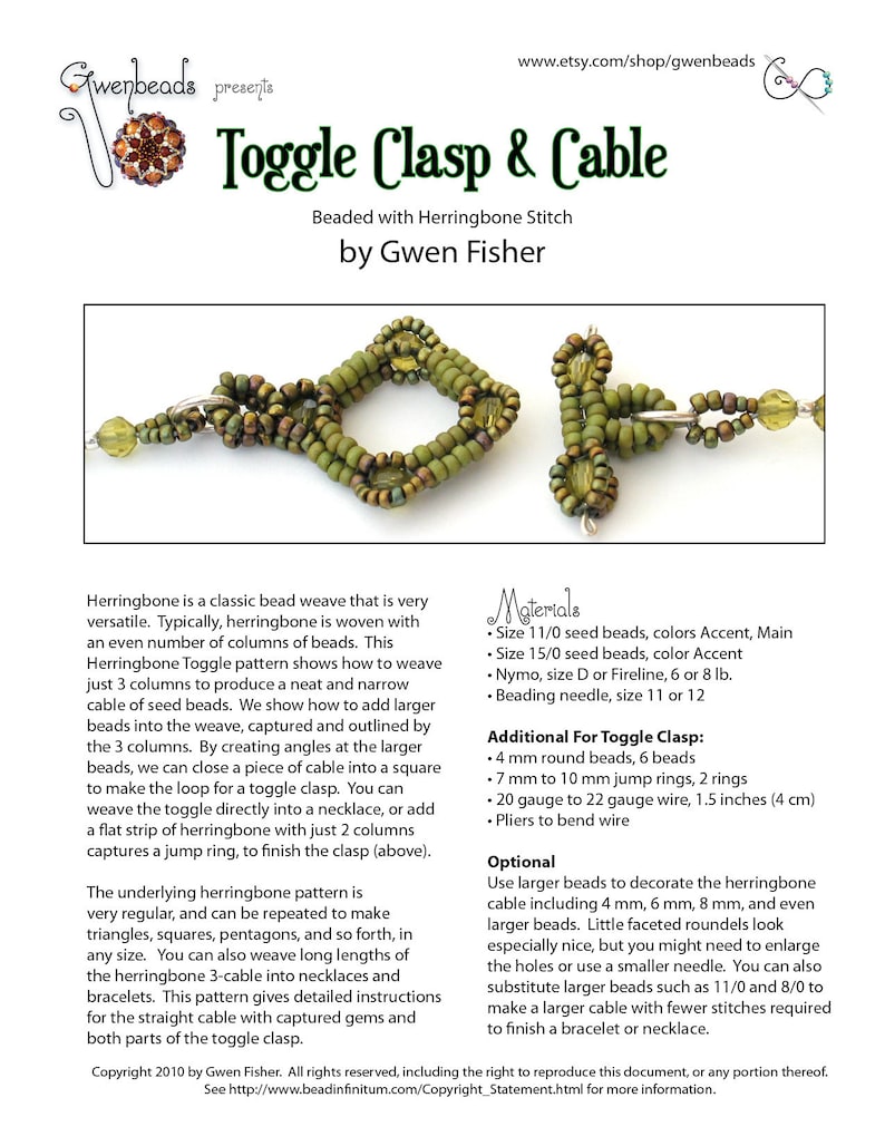 May include: A close-up of a green beaded toggle clasp and cable, made with herringbone stitch. The instructions include materials needed, such as seed beads, beading needle, and wire. The text also mentions the use of larger beads for decoration.