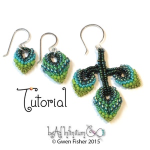 May include: A pair of green and blue beaded earrings with a silver hook. The earrings are in the shape of a leaf. The larger earring has three leaves. The smaller earring has one leaf. The earrings are handmade and have a tutorial available.