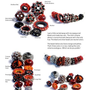 May include: A close-up of a variety of red, black, silver, and orange bead jewelry. The beads are arranged in a row and are labeled with different names, such as "Conway Bead", "Rainbow Twist", and "Prototype". The text "bead Infinitum" and "www.beadinfinitum.com" is visible in the top right corner of the image.
