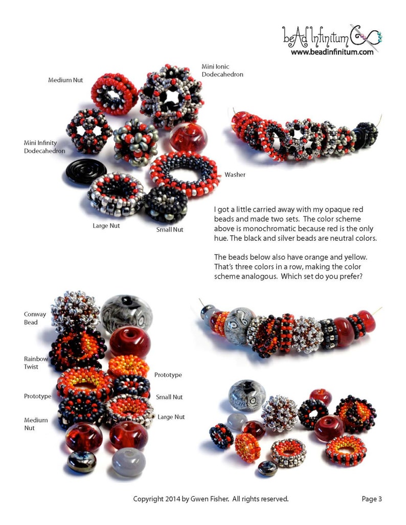 May include: A close-up of a variety of red, black, silver, and orange bead jewelry. The beads are arranged in a row and are labeled with different names, such as "Conway Bead", "Rainbow Twist", and "Prototype". The text "bead Infinitum" and "www.beadinfinitum.com" is visible in the top right corner of the image.