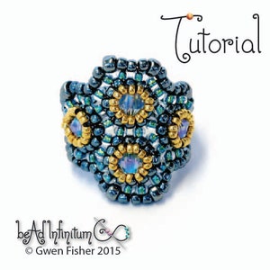 May include: A beaded ring with a geometric design featuring three blue and gold iridescent stones. The ring is made with dark gray seed beads and gold-colored beads.