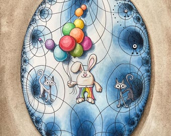 ORIGINAL Art Illustration - Bunny and His Rainbow Pants - Ink Watercolor Doodle