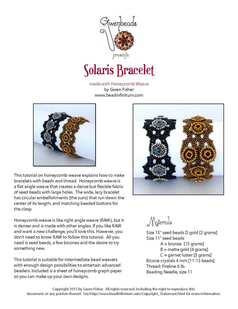 K&ouml;nnte beinhalten: Eine Anleitung zum Herstellen eines Solaris-Armbands mit der Perlen-Honigwaben-Technik. Die Anleitung enth&auml;lt eine Liste der ben&ouml;tigten Materialien, darunter Perlen, Bicone-Kristalle und Faden. Das Armband hat ein filigranes Design mit runden Verzierungen.
