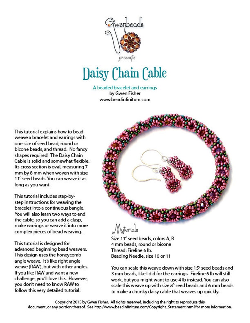 May include: A beaded bracelet and earrings in a pink and green daisy chain cable pattern. The tutorial explains how to bead weave the bracelet and earrings using size 11 seed beads, round or bicone beads, and thread. The Daisy Chain Cable is solid and somewhat flexible. Its cross section is oval, measuring 7 mm by 8 mm when woven with size 11 seed beads. You can weave it as long as you want.
