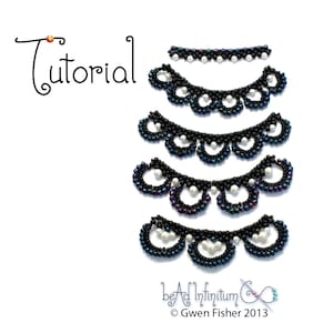 May include: A tutorial for making a beaded necklace using black and white beads. The tutorial shows different sizes of the necklace, starting with a small one and increasing in size. The text "Tutorial" is written in a decorative font at the top of the image.
