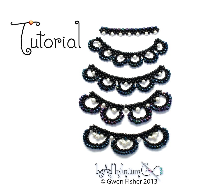 May include: A tutorial for making a beaded necklace with black and white beads. The tutorial shows different sizes of the necklace, starting with a small one and increasing in size. The text "Tutorial" is written in a decorative font at the top of the image.