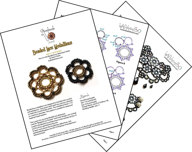 May include: A beaded lace medallion pattern with instructions for making a beaded lace medallion. The pattern is part of a series called "Beaded Lace Adventures". The pattern includes a diagram of the finished medallion, a list of materials, and instructions for making the medallion.