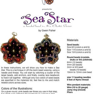 Peut inclure: Un guide d'instructions d&eacute;taill&eacute; pour la cr&eacute;ation d'un Sea Star perl&eacute;, pr&eacute;sentant un design de perles en forme d'&eacute;toile. Le guide comprend une liste de mat&eacute;riaux tels que des perles de rocaille, des perles rondes, des aiguilles et du fil. Le texte comprend l'expression "Sea Star" et est de Gwen Fisher.